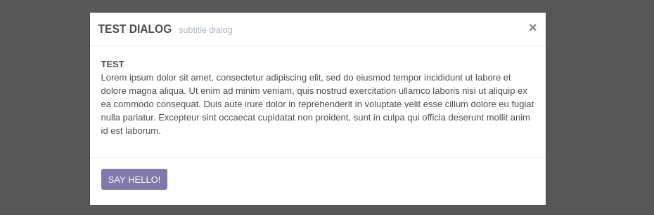Risultato esempio 3, dialog con testo, button e footer Risultato esempio 3, dialog con testo, button e footer